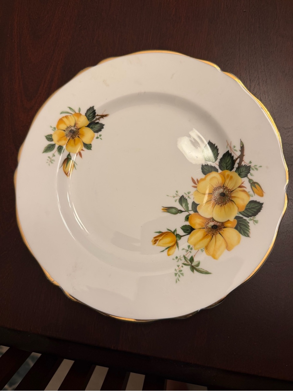 Vtg. White Ceramic Salad Plate with Yellow Floral Design and Gold Trim, 8”